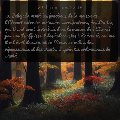 Segond 2 Chroniques  ; image nature: image avec le verset biblique :Jehojada remit les fonctions de la maison de l&#039;Eternel entre les mains des sacrificateurs, des Lévites, que David avait distribués dans la maison de l&#039;Eternel pour qu&#039;ils offrissent des holocaustes à l&#039;Eternel, comme il est écrit dans la loi de Moïse, au milieu des réjouissances et des chants, d&#039;après les ordonnances de David. ;  ; 23:18