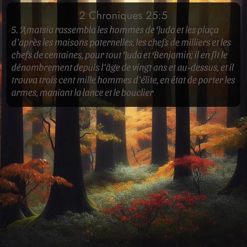 Segond 2 Chroniques  ; image nature: image avec le verset biblique :Amatsia rassembla les hommes de Juda et les plaça d&#039;après les maisons paternelles, les chefs de milliers et les chefs de centaines, pour tout Juda et Benjamin; il en fit le dénombrement depuis l&#039;âge de vingt ans et au-dessus, et il trouva trois cent mille hommes d&#039;élite, en état de porter les armes, maniant la lance et le bouclier. ;  ; 25:5