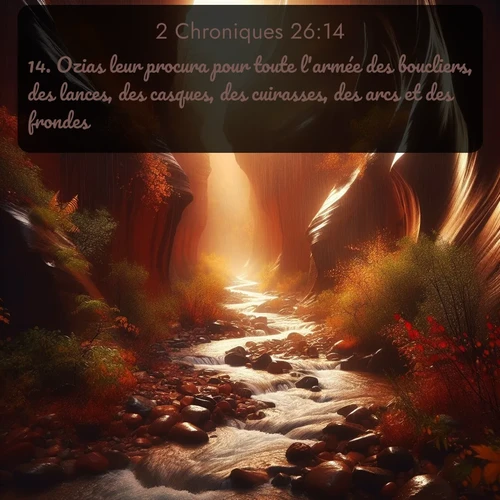 Segond 2 Chroniques  ; image nature: image avec le verset biblique :Ozias leur procura pour toute l&#039;armée des boucliers, des lances, des casques, des cuirasses, des arcs et des frondes. ;  ; 26:14