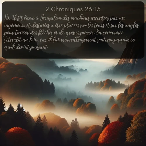 Segond 2 Chroniques  ; image nature: image avec le verset biblique :Il fit faire à Jérusalem des machines inventées par un ingénieur, et destinées à être placées sur les tours et sur les angles, pour lancer des flèches et de grosses pierres. Sa renommée s&#039;étendit au loin, car il fut merveilleusement soutenu jusqu&#039;à ce qu&#039;il devînt puissant. ;  ; 26:15