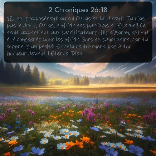 Segond 2 Chroniques  ; image nature: image avec le verset biblique :qui s&#039;opposèrent au roi Ozias et lui dirent: Tu n&#039;as pas le droit, Ozias, d&#039;offrir des parfums à l&#039;Eternel! Ce droit appartient aux sacrificateurs, fils d&#039;Aaron, qui ont été consacrés pour les offrir. Sors du sanctuaire, car tu commets un péché! Et cela ne tournera pas à ton honneur devant l&#039;Eternel Dieu. ;  ; 26:18