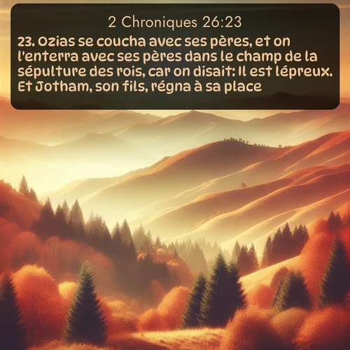 Segond 2 Chroniques  ; image nature: image avec le verset biblique :Ozias se coucha avec ses pères, et on l&#039;enterra avec ses pères dans le champ de la sépulture des rois, car on disait: Il est lépreux. Et Jotham, son fils, régna à sa place. ;  ; 26:23