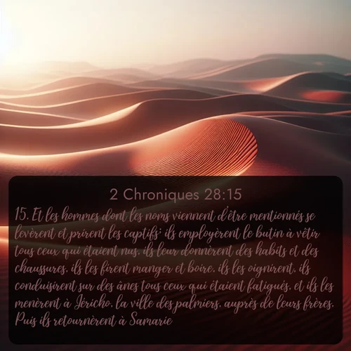 Segond 2 Chroniques  ; image nature: image avec le verset biblique :Et les hommes dont les noms viennent d&#039;être mentionnés se levèrent et prirent les captifs; ils employèrent le butin à vêtir tous ceux qui étaient nus, ils leur donnèrent des habits et des chaussures, ils les firent manger et boire, ils les oignirent, ils conduisirent sur des ânes tous ceux qui étaient fatigués, et ils les menèrent à Jéricho, la ville des palmiers, auprès de leurs frères. Puis ils retournèrent à Samarie. ;  ; 28:15