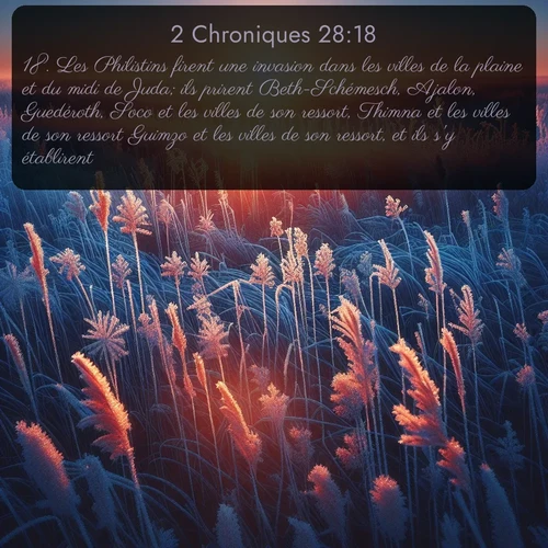 Segond 2 Chroniques  ; image nature: image avec le verset biblique :Les Philistins firent une invasion dans les villes de la plaine et du midi de Juda; ils prirent Beth-Schémesch, Ajalon, Guedéroth, Soco et les villes de son ressort, Thimna et les villes de son ressort Guimzo et les villes de son ressort, et ils s&#039;y établirent. ;  ; 28:18