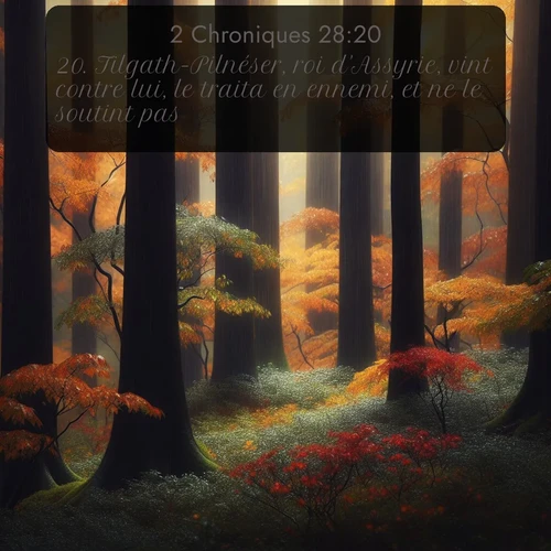 Segond 2 Chroniques  ; image nature: image avec le verset biblique :Tilgath-Pilnéser, roi d&#039;Assyrie, vint contre lui, le traita en ennemi, et ne le soutint pas. ;  ; 28:20