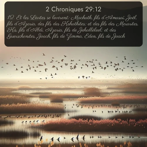 Segond 2 Chroniques  ; image nature: image avec le verset biblique :Et les Lévites se levèrent: Machath, fils d&#039;Amasaï, Joël, fils d&#039;Azaria, des fils des Kehathites; et des fils des Merarites, Kis, fils d&#039;Abdi, Azaria, fils de Jehalléleel; et des Guerschonites, Joach, fils de Zimma, Eden, fils de Joach; ;  ; 29:12