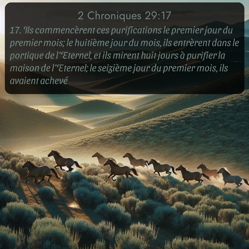 Segond 2 Chroniques  ; image nature: image avec le verset biblique :Ils commencèrent ces purifications le premier jour du premier mois; le huitième jour du mois, ils entrèrent dans le portique de l&#039;Eternel, et ils mirent huit jours à purifier la maison de l&#039;Eternel; le seizième jour du premier mois, ils avaient achevé. ;  ; 29:17