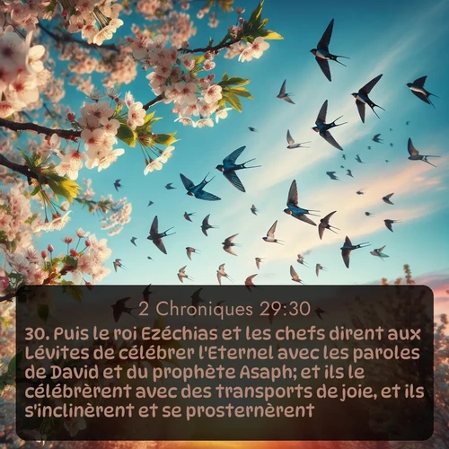 Segond 2 Chroniques  ; image nature: image avec le verset biblique :Puis le roi Ezéchias et les chefs dirent aux Lévites de célébrer l&#039;Eternel avec les paroles de David et du prophète Asaph; et ils le célébrèrent avec des transports de joie, et ils s&#039;inclinèrent et se prosternèrent. ;  ; 29:30
