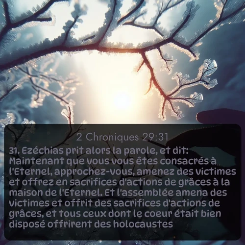 Segond 2 Chroniques  ; image nature: image avec le verset biblique :Ezéchias prit alors la parole, et dit: Maintenant que vous vous êtes consacrés à l&#039;Eternel, approchez-vous, amenez des victimes et offrez en sacrifices d&#039;actions de grâces à la maison de l&#039;Eternel. Et l&#039;assemblée amena des victimes et offrit des sacrifices d&#039;actions de grâces, et tous ceux dont le coeur était bien disposé offrirent des holocaustes. ;  ; 29:31