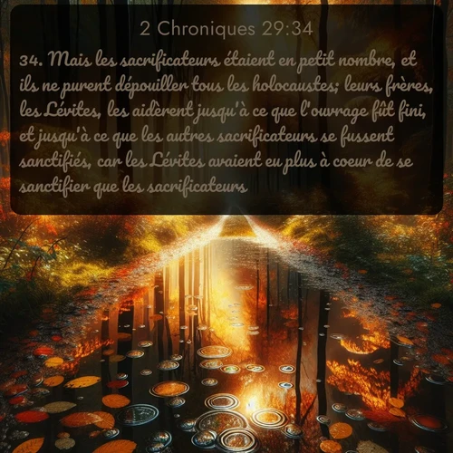 Segond 2 Chroniques  ; image nature: image avec le verset biblique :Mais les sacrificateurs étaient en petit nombre, et ils ne purent dépouiller tous les holocaustes; leurs frères, les Lévites, les aidèrent jusqu&#039;à ce que l&#039;ouvrage fût fini, et jusqu&#039;à ce que les autres sacrificateurs se fussent sanctifiés, car les Lévites avaient eu plus à coeur de se sanctifier que les sacrificateurs. ;  ; 29:34