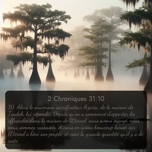 Segond 2 Chroniques  ; image nature: image avec le verset biblique :Alors le souverain sacrificateur Azaria, de la maison de Tsadok, lui répondit: Depuis qu&#039;on a commencé d&#039;apporter les offrandes dans la maison de l&#039;Eternel, nous avons mangé, nous nous sommes rassasiés, et nous en avons beaucoup laissé, car l&#039;Eternel a béni son peuple; et voici la grande quantité qu&#039;il y a de reste. ;  ; 31:10