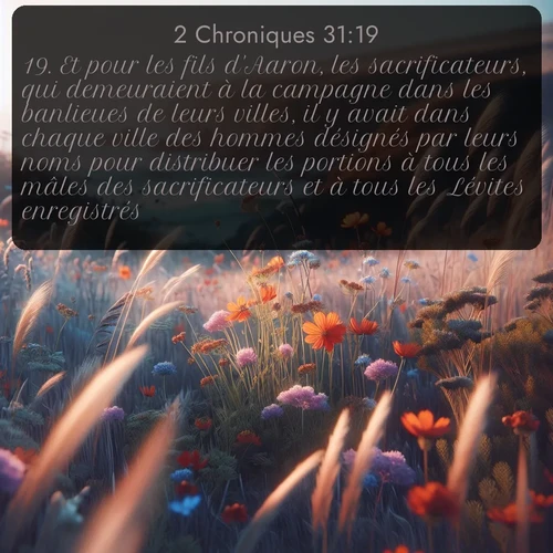 Segond 2 Chroniques  ; image nature: image avec le verset biblique :Et pour les fils d&#039;Aaron, les sacrificateurs, qui demeuraient à la campagne dans les banlieues de leurs villes, il y avait dans chaque ville des hommes désignés par leurs noms pour distribuer les portions à tous les mâles des sacrificateurs et à tous les Lévites enregistrés. ;  ; 31:19