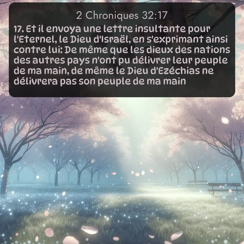Segond 2 Chroniques  ; image nature: image avec le verset biblique :Et il envoya une lettre insultante pour l&#039;Eternel, le Dieu d&#039;Israël, en s&#039;exprimant ainsi contre lui: De même que les dieux des nations des autres pays n&#039;ont pu délivrer leur peuple de ma main, de même le Dieu d&#039;Ezéchias ne délivrera pas son peuple de ma main. ;  ; 32:17