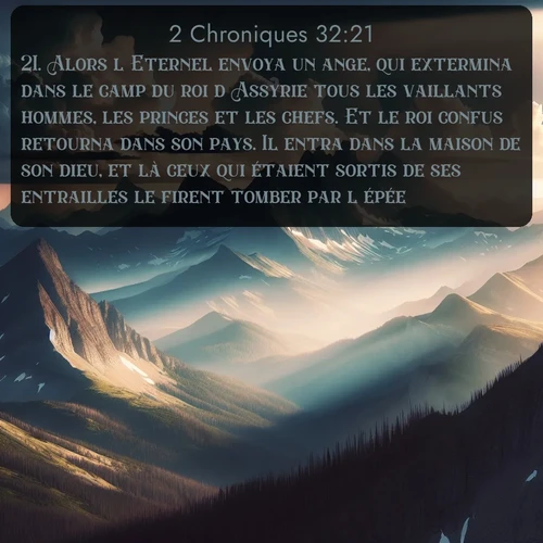 Segond 2 Chroniques  ; image nature: image avec le verset biblique :Alors l&#039;Eternel envoya un ange, qui extermina dans le camp du roi d&#039;Assyrie tous les vaillants hommes, les princes et les chefs. Et le roi confus retourna dans son pays. Il entra dans la maison de son dieu, et là ceux qui étaient sortis de ses entrailles le firent tomber par l&#039;épée. ;  ; 32:21