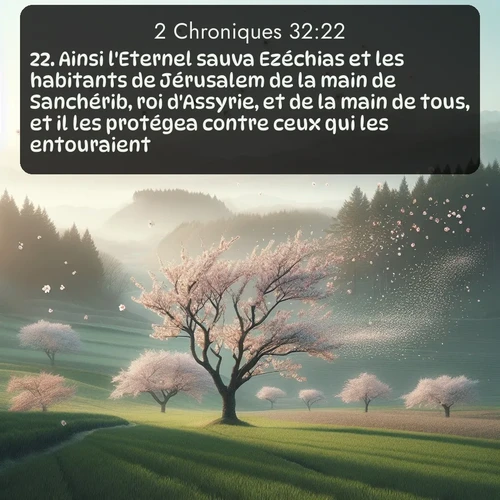 Segond 2 Chroniques  ; image nature: image avec le verset biblique :Ainsi l&#039;Eternel sauva Ezéchias et les habitants de Jérusalem de la main de Sanchérib, roi d&#039;Assyrie, et de la main de tous, et il les protégea contre ceux qui les entouraient. ;  ; 32:22