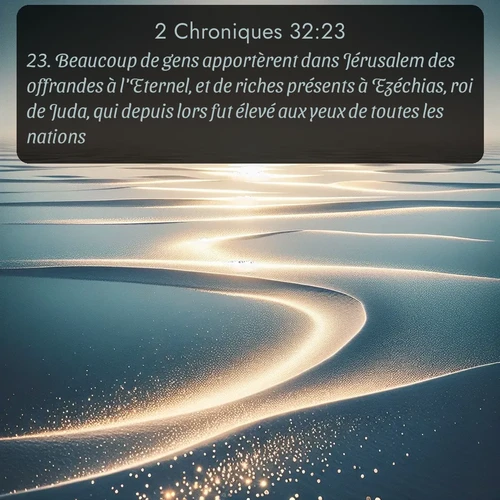 Segond 2 Chroniques  ; image nature: image avec le verset biblique :Beaucoup de gens apportèrent dans Jérusalem des offrandes à l&#039;Eternel, et de riches présents à Ezéchias, roi de Juda, qui depuis lors fut élevé aux yeux de toutes les nations. ;  ; 32:23