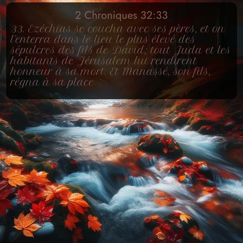 Segond 2 Chroniques  ; image nature: image avec le verset biblique :Ezéchias se coucha avec ses pères, et on l&#039;enterra dans le lieu le plus élevé des sépulcres des fils de David; tout Juda et les habitants de Jérusalem lui rendirent honneur à sa mort. Et Manassé, son fils, régna à sa place. ;  ; 32:33