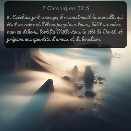Segond 2 Chroniques  ; image nature: image avec le verset biblique :Ezéchias prit courage; il reconstruisit la muraille qui était en ruine et l&#039;éleva jusqu&#039;aux tours, bâtit un autre mur en dehors, fortifia Millo dans la cité de David, et prépara une quantité d&#039;armes et de boucliers. ;  ; 32:5