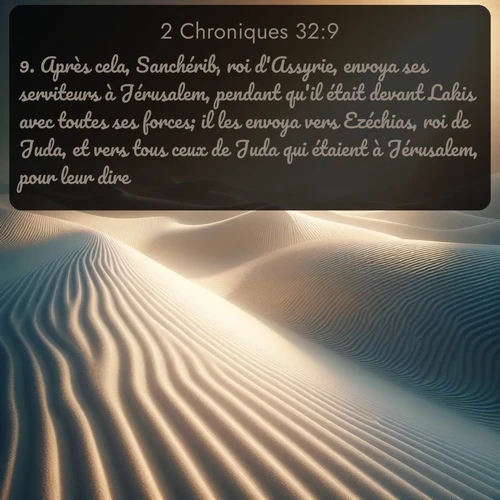 Segond 2 Chroniques  ; image nature: image avec le verset biblique :Après cela, Sanchérib, roi d&#039;Assyrie, envoya ses serviteurs à Jérusalem, pendant qu&#039;il était devant Lakis avec toutes ses forces; il les envoya vers Ezéchias, roi de Juda, et vers tous ceux de Juda qui étaient à Jérusalem, pour leur dire: ;  ; 32:9