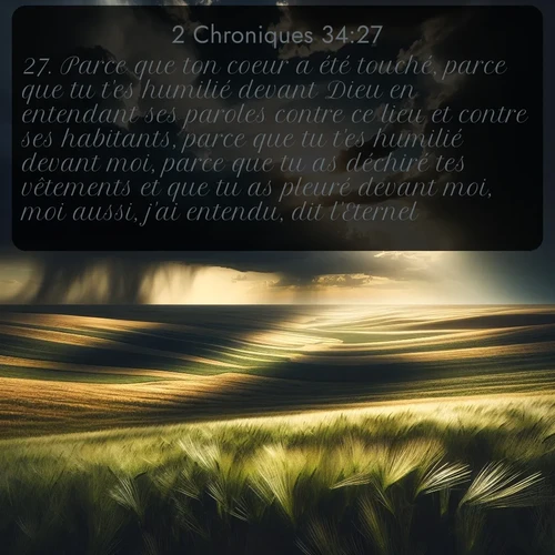Segond 2 Chroniques  ; image nature: image avec le verset biblique :Parce que ton coeur a été touché, parce que tu t&#039;es humilié devant Dieu en entendant ses paroles contre ce lieu et contre ses habitants, parce que tu t&#039;es humilié devant moi, parce que tu as déchiré tes vêtements et que tu as pleuré devant moi, moi aussi, j&#039;ai entendu, dit l&#039;Eternel. ;  ; 34:27