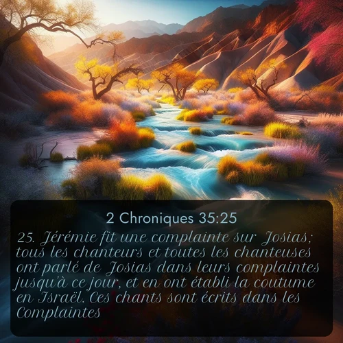 Segond 2 Chroniques  ; image nature: image avec le verset biblique :Jérémie fit une complainte sur Josias; tous les chanteurs et toutes les chanteuses ont parlé de Josias dans leurs complaintes jusqu&#039;à ce jour, et en ont établi la coutume en Israël. Ces chants sont écrits dans les Complaintes. ;  ; 35:25