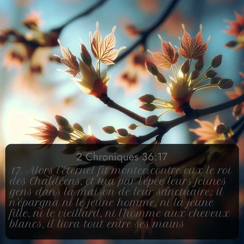 Segond 2 Chroniques  ; image nature: image avec le verset biblique :Alors l&#039;Eternel fit monter contre eux le roi des Chaldéens, et tua par l&#039;épée leurs jeunes gens dans la maison de leur sanctuaire; il n&#039;épargna ni le jeune homme, ni la jeune fille, ni le vieillard, ni l&#039;homme aux cheveux blancs, il livra tout entre ses mains. ;  ; 36:17
