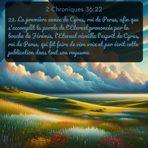 Segond 2 Chroniques  ; image nature: image avec le verset biblique :La première année de Cyrus, roi de Perse, afin que s&#039;accomplît la parole de l&#039;Eternel prononcée par la bouche de Jérémie, l&#039;Eternel réveilla l&#039;esprit de Cyrus, roi de Perse, qui fit faire de vive voix et par écrit cette publication dans tout son royaume: ;  ; 36:22