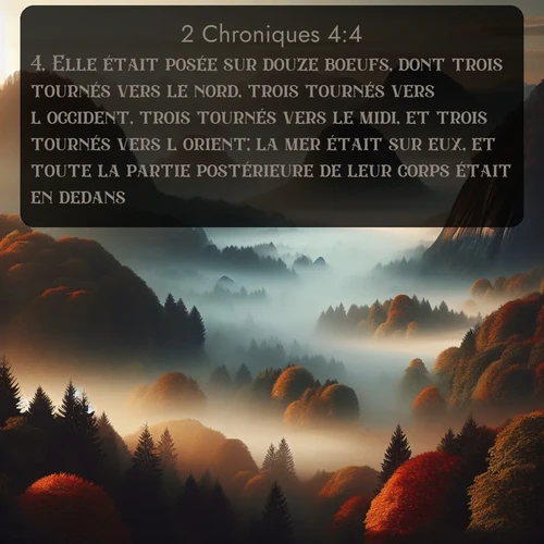 Segond 2 Chroniques  ; image nature: image avec le verset biblique :Elle était posée sur douze boeufs, dont trois tournés vers le nord, trois tournés vers l&#039;occident, trois tournés vers le midi, et trois tournés vers l&#039;orient; la mer était sur eux, et toute la partie postérieure de leur corps était en dedans. ;  ; 4:4
