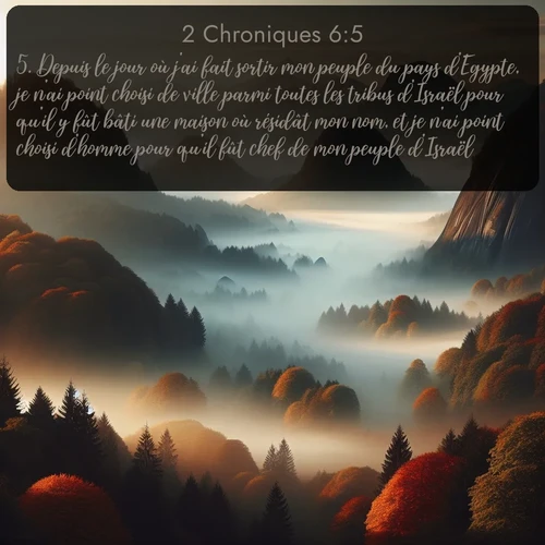 Segond 2 Chroniques  ; image nature: image avec le verset biblique :Depuis le jour où j&#039;ai fait sortir mon peuple du pays d&#039;Egypte, je n&#039;ai point choisi de ville parmi toutes les tribus d&#039;Israël pour qu&#039;il y fût bâti une maison où résidât mon nom, et je n&#039;ai point choisi d&#039;homme pour qu&#039;il fût chef de mon peuple d&#039;Israël; ;  ; 6:5