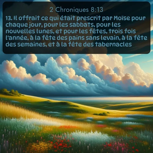 Segond 2 Chroniques  ; image nature: image avec le verset biblique :Il offrait ce qui était prescrit par Moïse pour chaque jour, pour les sabbats, pour les nouvelles lunes, et pour les fêtes, trois fois l&#039;année, à la fête des pains sans levain, à la fête des semaines, et à la fête des tabernacles. ;  ; 8:13