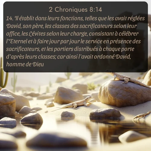 Segond 2 Chroniques  ; image nature: image avec le verset biblique :Il établit dans leurs fonctions, telles que les avait réglées David, son père, les classes des sacrificateurs selon leur office, les Lévites selon leur charge, consistant à célébrer l&#039;Eternel et à faire jour par jour le service en présence des sacrificateurs, et les portiers distribués à chaque porte d&#039;après leurs classes; car ainsi l&#039;avait ordonné David, homme de Dieu. ;  ; 8:14