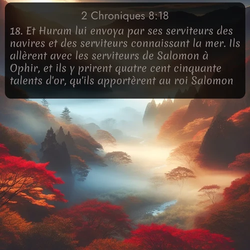 Segond 2 Chroniques  ; image nature: image avec le verset biblique :Et Huram lui envoya par ses serviteurs des navires et des serviteurs connaissant la mer. Ils allèrent avec les serviteurs de Salomon à Ophir, et ils y prirent quatre cent cinquante talents d&#039;or, qu&#039;ils apportèrent au roi Salomon. ;  ; 8:18