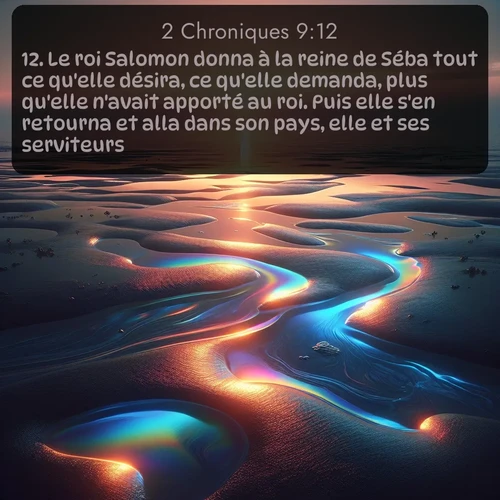 Segond 2 Chroniques  ; image nature: image avec le verset biblique :Le roi Salomon donna à la reine de Séba tout ce qu&#039;elle désira, ce qu&#039;elle demanda, plus qu&#039;elle n&#039;avait apporté au roi. Puis elle s&#039;en retourna et alla dans son pays, elle et ses serviteurs. ;  ; 9:12