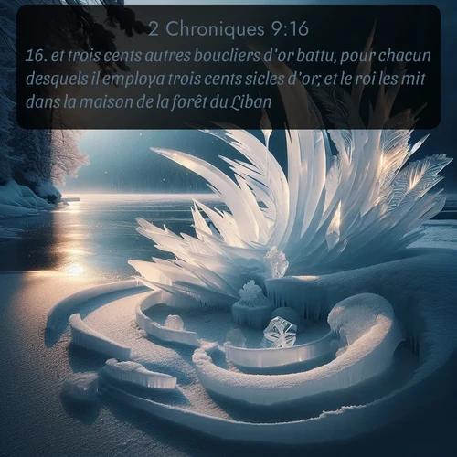 Segond 2 Chroniques  ; image nature: image avec le verset biblique :et trois cents autres boucliers d&#039;or battu, pour chacun desquels il employa trois cents sicles d&#039;or; et le roi les mit dans la maison de la forêt du Liban. ;  ; 9:16