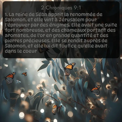 Segond 2 Chroniques  ; image nature: image avec le verset biblique :La reine de Séba apprit la renommée de Salomon, et elle vint à Jérusalem pour l&#039;éprouver par des énigmes. Elle avait une suite fort nombreuse, et des chameaux portant des aromates, de l&#039;or en grande quantité et des pierres précieuses. Elle se rendit auprès de Salomon, et elle lui dit tout ce qu&#039;elle avait dans le coeur. ;  ; 9:1