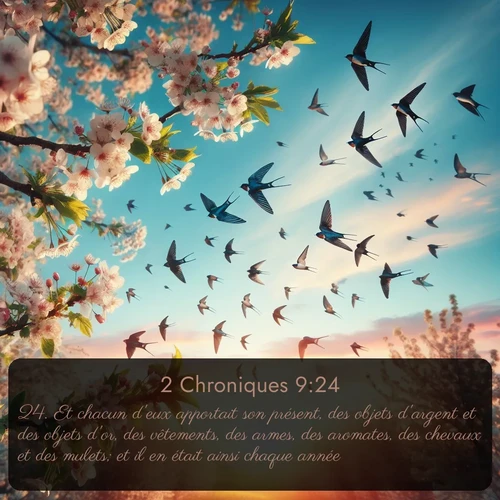 Segond 2 Chroniques  ; image nature: image avec le verset biblique :Et chacun d&#039;eux apportait son présent, des objets d&#039;argent et des objets d&#039;or, des vêtements, des armes, des aromates, des chevaux et des mulets; et il en était ainsi chaque année. ;  ; 9:24