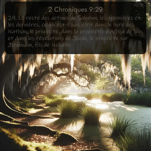 Segond 2 Chroniques  ; image nature: image avec le verset biblique :Le reste des actions de Salomon, les premières et les dernières, cela n&#039;est-il pas écrit dans le livre de Nathan, le prophète, dans la prophétie d&#039;Achija de Silo, et dans les révélations de Jéedo, le prophète sur Jéroboam, fils de Nebath? ;  ; 9:29