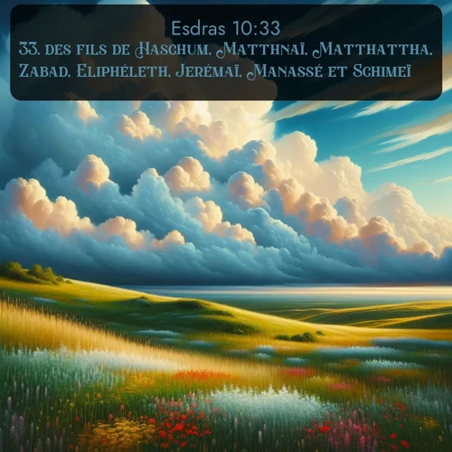 Segond Esdras  ; image nature: image avec le verset biblique :des fils de Haschum, Matthnaï, Matthattha, Zabad, Eliphéleth, Jerémaï, Manassé et Schimeï; ;  ; 10:33