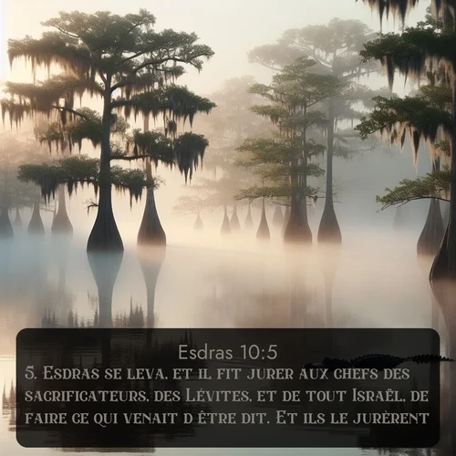 Segond Esdras  ; image nature: image avec le verset biblique :Esdras se leva, et il fit jurer aux chefs des sacrificateurs, des Lévites, et de tout Israël, de faire ce qui venait d&#039;être dit. Et ils le jurèrent. ;  ; 10:5
