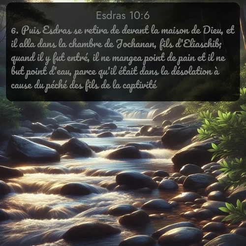 Segond Esdras  ; image nature: image avec le verset biblique :Puis Esdras se retira de devant la maison de Dieu, et il alla dans la chambre de Jochanan, fils d&#039;Eliaschib; quand il y fut entré, il ne mangea point de pain et il ne but point d&#039;eau, parce qu&#039;il était dans la désolation à cause du péché des fils de la captivité. ;  ; 10:6