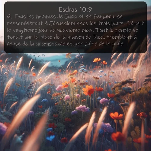 Segond Esdras  ; image nature: image avec le verset biblique :Tous les hommes de Juda et de Benjamin se rassemblèrent à Jérusalem dans les trois jours. C&#039;était le vingtième jour du neuvième mois. Tout le peuple se tenait sur la place de la maison de Dieu, tremblant à cause de la circonstance et par suite de la pluie. ;  ; 10:9