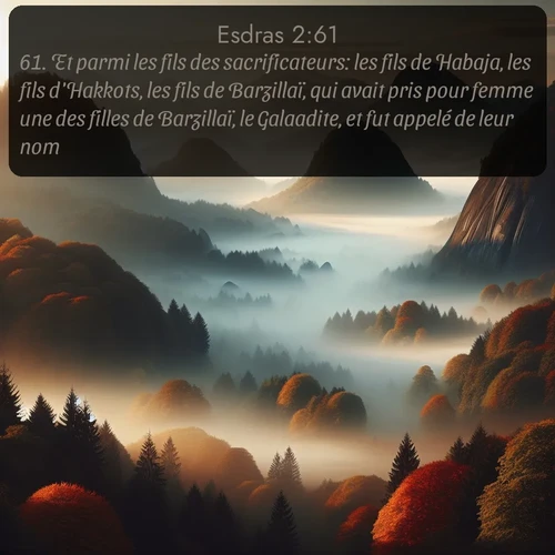 Segond Esdras  ; image nature: image avec le verset biblique :Et parmi les fils des sacrificateurs: les fils de Habaja, les fils d&#039;Hakkots, les fils de Barzillaï, qui avait pris pour femme une des filles de Barzillaï, le Galaadite, et fut appelé de leur nom. ;  ; 2:61