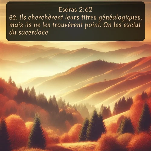 Segond Esdras  ; image nature: image avec le verset biblique :Ils cherchèrent leurs titres généalogiques, mais ils ne les trouvèrent point. On les exclut du sacerdoce, ;  ; 2:62