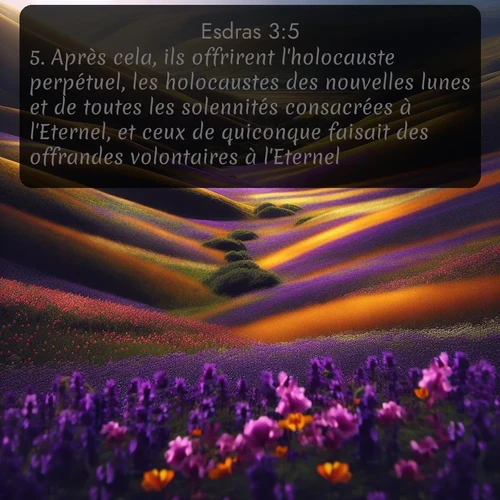 Segond Esdras  ; image nature: image avec le verset biblique :Après cela, ils offrirent l&#039;holocauste perpétuel, les holocaustes des nouvelles lunes et de toutes les solennités consacrées à l&#039;Eternel, et ceux de quiconque faisait des offrandes volontaires à l&#039;Eternel. ;  ; 3:5