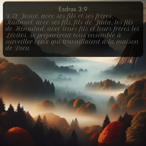Segond Esdras  ; image nature: image avec le verset biblique :Et Josué, avec ses fils et ses frères, Kadmiel, avec ses fils, fils de Juda, les fils de Hénadad, avec leurs fils et leurs frères les Lévites, se préparèrent tous ensemble à surveiller ceux qui travaillaient à la maison de Dieu. ;  ; 3:9