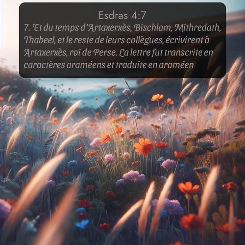 Segond Esdras  ; image nature: image avec le verset biblique :Et du temps d&#039;Artaxerxès, Bischlam, Mithredath, Thabeel, et le reste de leurs collègues, écrivirent à Artaxerxès, roi de Perse. La lettre fut transcrite en caractères araméens et traduite en araméen. ;  ; 4:7