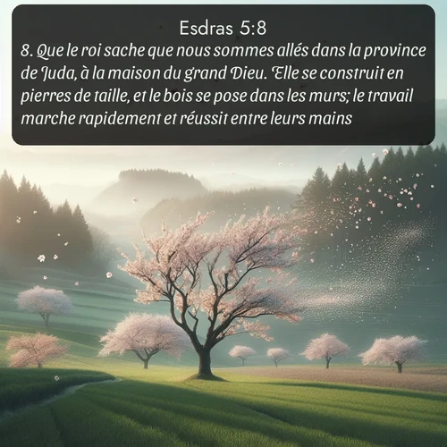 Segond Esdras  ; image nature: image avec le verset biblique :Que le roi sache que nous sommes allés dans la province de Juda, à la maison du grand Dieu. Elle se construit en pierres de taille, et le bois se pose dans les murs; le travail marche rapidement et réussit entre leurs mains. ;  ; 5:8