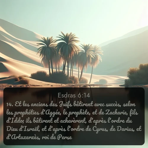 Segond Esdras  ; image nature: image avec le verset biblique :Et les anciens des Juifs bâtirent avec succès, selon les prophéties d&#039;Aggée, le prophète, et de Zacharie, fils d&#039;Iddo; ils bâtirent et achevèrent, d&#039;après l&#039;ordre du Dieu d&#039;Israël, et d&#039;après l&#039;ordre de Cyrus, de Darius, et d&#039;Artaxerxès, roi de Perse. ;  ; 6:14