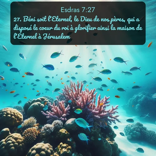 Segond Esdras  ; image nature: image avec le verset biblique :Béni soit l&#039;Eternel, le Dieu de nos pères, qui a disposé le coeur du roi à glorifier ainsi la maison de l&#039;Eternel à Jérusalem, ;  ; 7:27