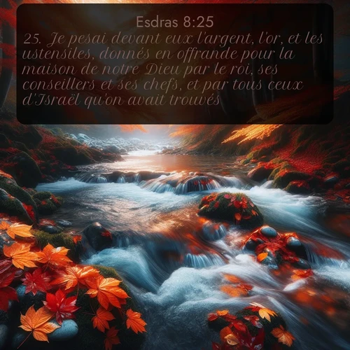 Segond Esdras  ; image nature: image avec le verset biblique :Je pesai devant eux l&#039;argent, l&#039;or, et les ustensiles, donnés en offrande pour la maison de notre Dieu par le roi, ses conseillers et ses chefs, et par tous ceux d&#039;Israël qu&#039;on avait trouvés. ;  ; 8:25
